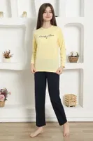 Kız Çocuk Yazılı Penye Uzun Kollu Pijama Takım Akbeniz 20422 Sarı detay görünüm