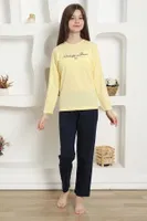 Kız Çocuk Yazılı Penye Uzun Kollu Pijama Takım Akbeniz 20422 Sarı görsel 4