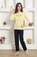 Kız Çocuk Yazılı Penye Uzun Kollu Pijama Takım Akbeniz 20422 Sarı görsel 5