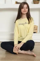 Kız Çocuk Yazılı Penye Uzun Kollu Pijama Takım Akbeniz 20422 Sarı görsel 7