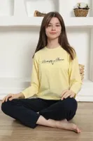 Kız Çocuk Yazılı Penye Uzun Kollu Pijama Takım Akbeniz 20422 Sarı görsel 8