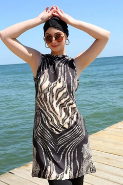 Akbeniz Leopar Sıfır Kollu Yarım Tesettür Mayo Akbeniz 33010 - Alternatif Görünüm