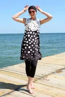 Puantiyeli Sıfır Kollu Yarım Tesettür Mayo Akbeniz 33012 Siyah Beyaz Puantiye farklı açı