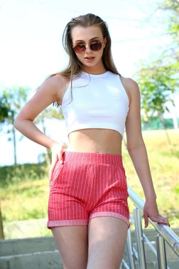 Akbeniz Çizgili Kırmızı Şort Crop Takım Akbeniz26550