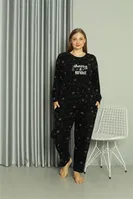 Uzun Kollu Welsoft Polar Büyük Beden Çiçekli Kadın Pijama Takımı Akbeniz 808043 Siyah detay görünüm