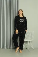 Uzun Kollu Welsoft Polar Büyük Beden Çiçekli Kadın Pijama Takımı Akbeniz 808043 Siyah farklı açı