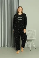 Uzun Kollu Welsoft Polar Büyük Beden Çiçekli Kadın Pijama Takımı Akbeniz 808043 Siyah görsel 4
