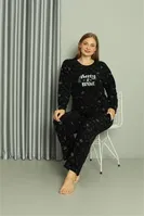 Uzun Kollu Welsoft Polar Büyük Beden Çiçekli Kadın Pijama Takımı Akbeniz 808043 Siyah görsel 5