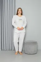 Büyük Beden Uzun Kollu Kadın Pijama Takımı Akbeniz Welsoft Polar 808050 Ekru