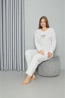 Büyük Beden Uzun Kollu Kadın Pijama Takımı Akbeniz Welsoft Polar 808050 Ekru görsel 4