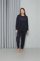 Uzun Kollu Önü Yazılı Welsoft Polar Kadın Pijama Takımı Akbeniz 8517 Lacivert