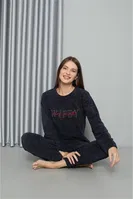Uzun Kollu Önü Yazılı Welsoft Polar Kadın Pijama Takımı Akbeniz 8517 Lacivert görsel 4