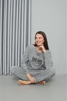 Gri Cepli Welsoft Polar Kadın Pijama Takımı Akbeniz 8518 Gri