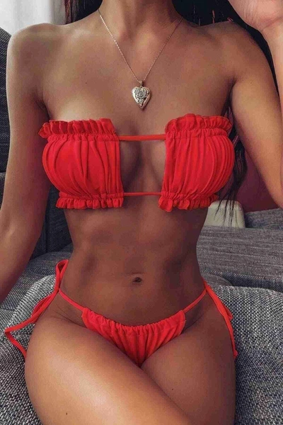 Angelsin Brezilya Model Büzgülü Bağlamalı Bikini Altı Kırmızı MS41649