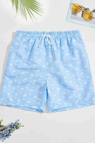 Basic Standart Boy Palmiye Baskılı Mayo Cepli Deniz Şortu Mavi