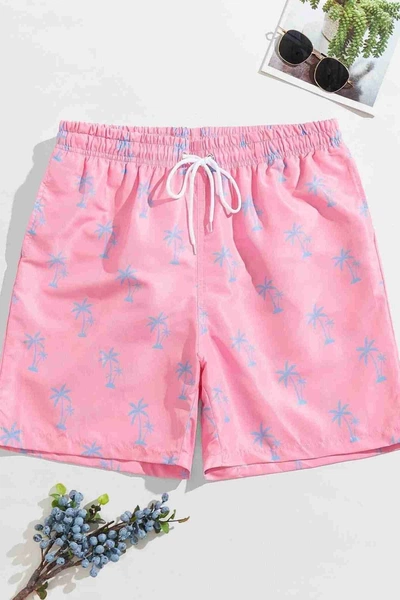 Standart Boy Palmiye Baskılı Mayo Cepli Deniz Şortu Pembe Angelsin 4415