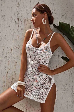 Angelsin Angelsin Örme Pamuk Özel Tasarım Pareo Plaj Elbisesi Kimono Kaftan Beyaz - Alternatif Görünüm