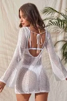 Angelsin Örme Pamuk Uzun Kollu Pareo Plaj Elbisesi Kimono Kaftan Beyaz Beyaz