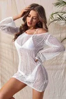 Angelsin Örme Pamuk Uzun Kollu Pareo Plaj Elbisesi Kimono Kaftan Beyaz Beyaz farklı açı