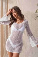 Angelsin Örme Pamuk Uzun Kollu Pareo Plaj Elbisesi Kimono Kaftan Beyaz Beyaz görsel 4
