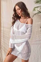 Angelsin Örme Pamuk Uzun Kollu Pareo Plaj Elbisesi Kimono Kaftan Beyaz Beyaz görsel 5