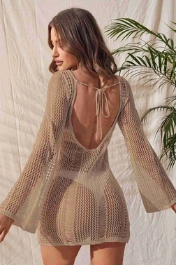 Angelsin Örme Pamuk Uzun Kollu Pareo Plaj Elbisesi Kimono Kaftan Angelsin 4366 - Alternatif Görünüm