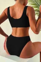 Angelsin Özel Fitilli Kumaş Yüksek Bel Bikini Altı Siyah Siyah detay görünüm