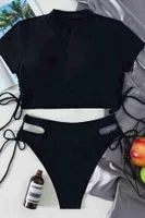 Kısa Kollu Özel Tasarım Kaplı Bikini Takım Siyah Angelsin 4179 Siyah görsel 4