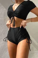 Angelsin Özel tasarım Yarım Kol Büzgü Detaylı Bikini Takım Siyah Siyah