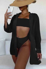 Angelsin Uzun Kollu Şifon Gömlek Plaj Elbisesi Pareo Siyah MS4357