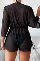 Büzgülü Şifon Pareo Plaj Elbesi Cover Up Kimono Siyah Angelsin 4204 Siyah farklı açı