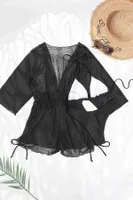 Büzgülü Şifon Pareo Plaj Elbesi Cover Up Kimono Siyah Angelsin 4204 Siyah görsel 4