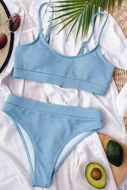 Angelsin Fitilli Kumaş Yüksek Bel Tankini Bikini Takım Mavi Angelsin 4371 - Alternatif Görünüm