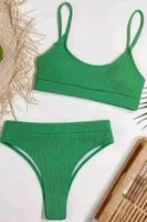 Yüksek Belli Kaplı Fitilli Kumaş Tankini Bikini Takım Yeşil Angelsin 4371 Yeşil detay görünüm