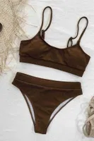 Kaplı Yüksek Bel Fitilli Kumaş Tankini Bikini Üstü Kahverengi Angelsin 43719 Kahverengi farklı açı