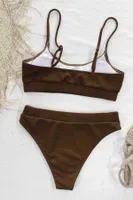 Kaplı Yüksek Bel Fitilli Kumaş Tankini Bikini Üstü Kahverengi Angelsin 43719 Kahverengi görsel 4