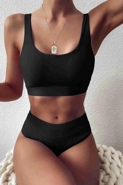Yüksek Bel Tankini Bikini Takım Siyah Angelsin MS4345
