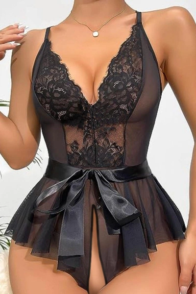 Açık Detaylı Kuşaklı Siyah Fantazi Gecelik Bella Notte 15037