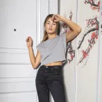 Bisiklet Yaka Vatka Görünümlü Kısa Kollu Crop T-shirt Türen 3402 Gri