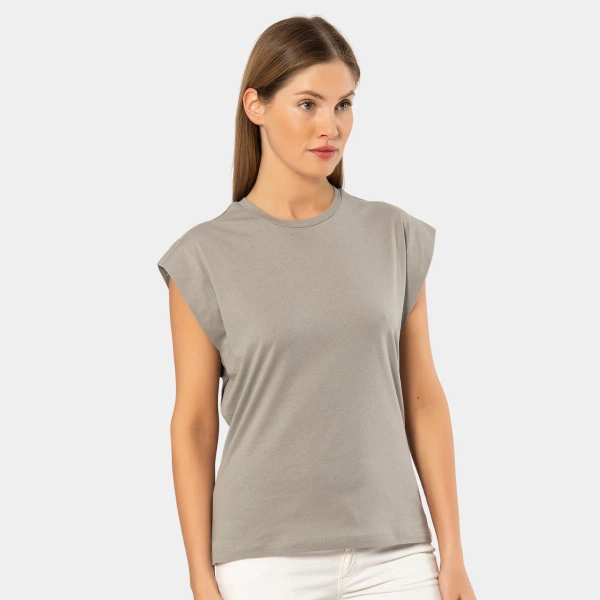 Kısa Kollu Bisiklet Yaka Vatka Görünümlü T-shirt Türen 3401/Gri