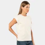 Krem Bisiklet Yaka Vatka Görünümlü Kadın T-shirt Türen 3401 Krem detay görünüm
