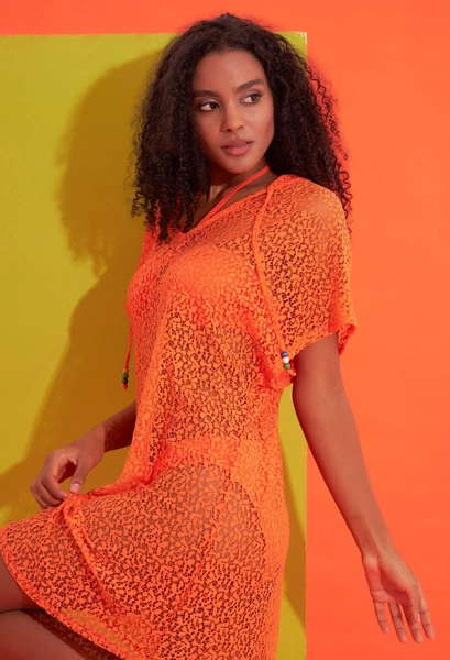 Kapüşonlu Kısa Dantel Elbise Pareo Nbb 51469