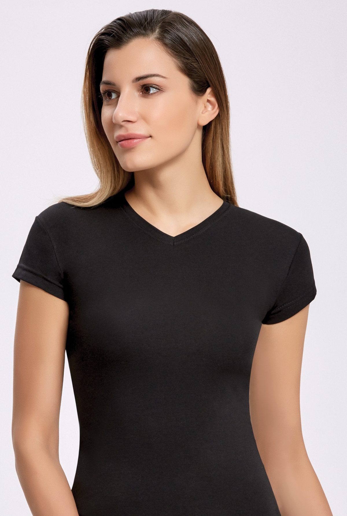 Likralı V Yaka Siyah T-shirt İlke 2263