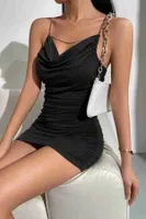 Zincirli Degaje Yaka Büzgülü Kısa Fantazi Elbise Siyah Merry See MS2226-Siyah Siyah görsel 6