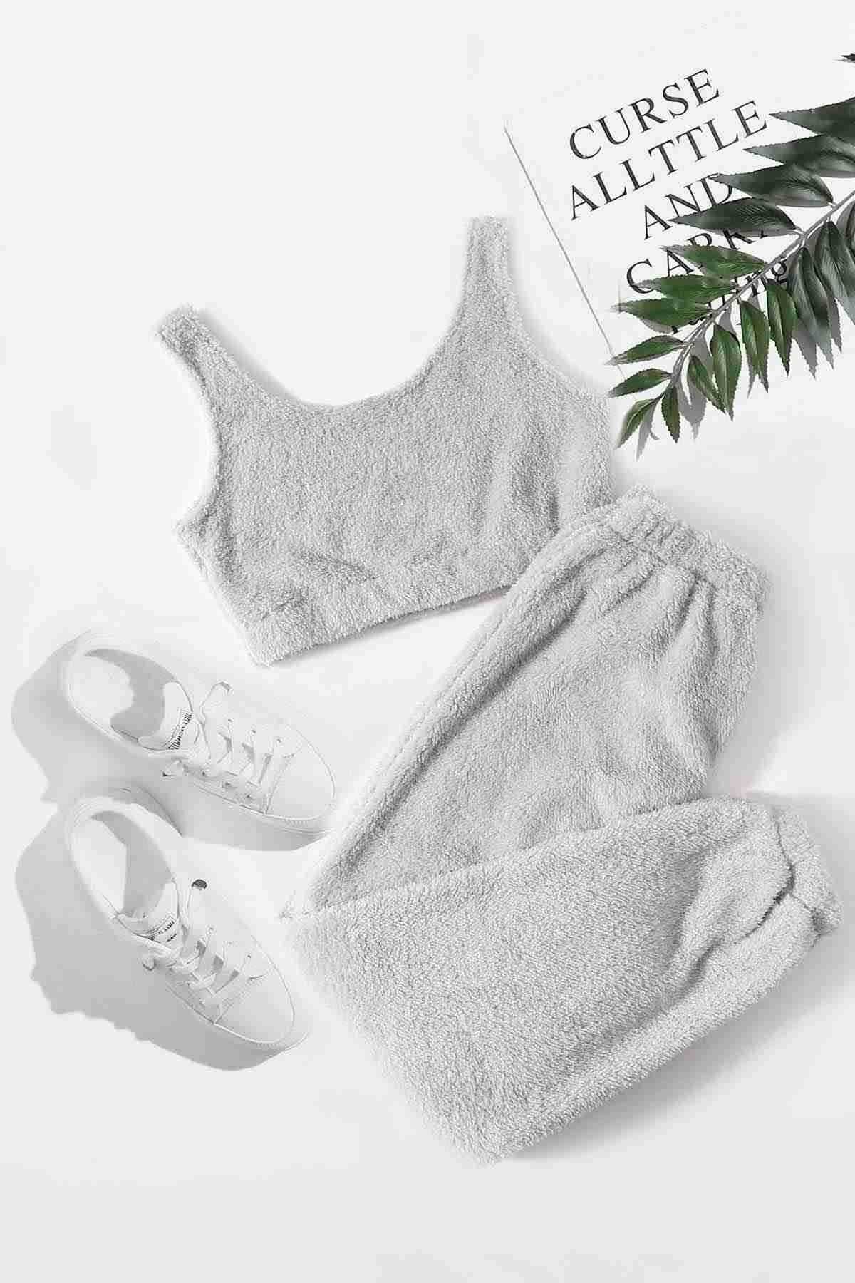 Kalın Askılı Peluş Crop Polar Alt Üst Pijama Takımı Gri Merry See MS4065