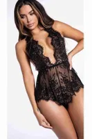 Merry See Şık Dantelli Gecelik Babydoll Bodysuit Tulum Siyah Siyah görsel 4