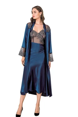 Moongirl Saten Göğüs Kısmı Transparan Uzun Gecelik Sabahlık Takım Moongirl 255