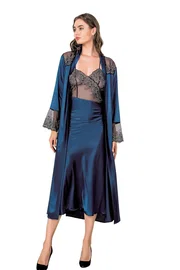 Moongirl Saten Göğüs Kısmı Transparan Uzun Gecelik Sabahlık Takım Moongirl 255