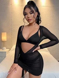 NightLight Uzun Kollu Transparan Erotik Kısa Elbise NightLight 3445