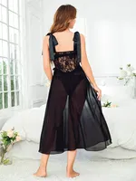 Dantelli Omuzdan Bağlamalı Fantazi Uzun Gecelik Nightlight 3495 Siyah detay görünüm